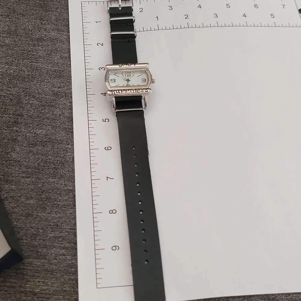 Vintage Narmi 5582 Womens Watch White Dial Love Happiness Black Strap Quartz